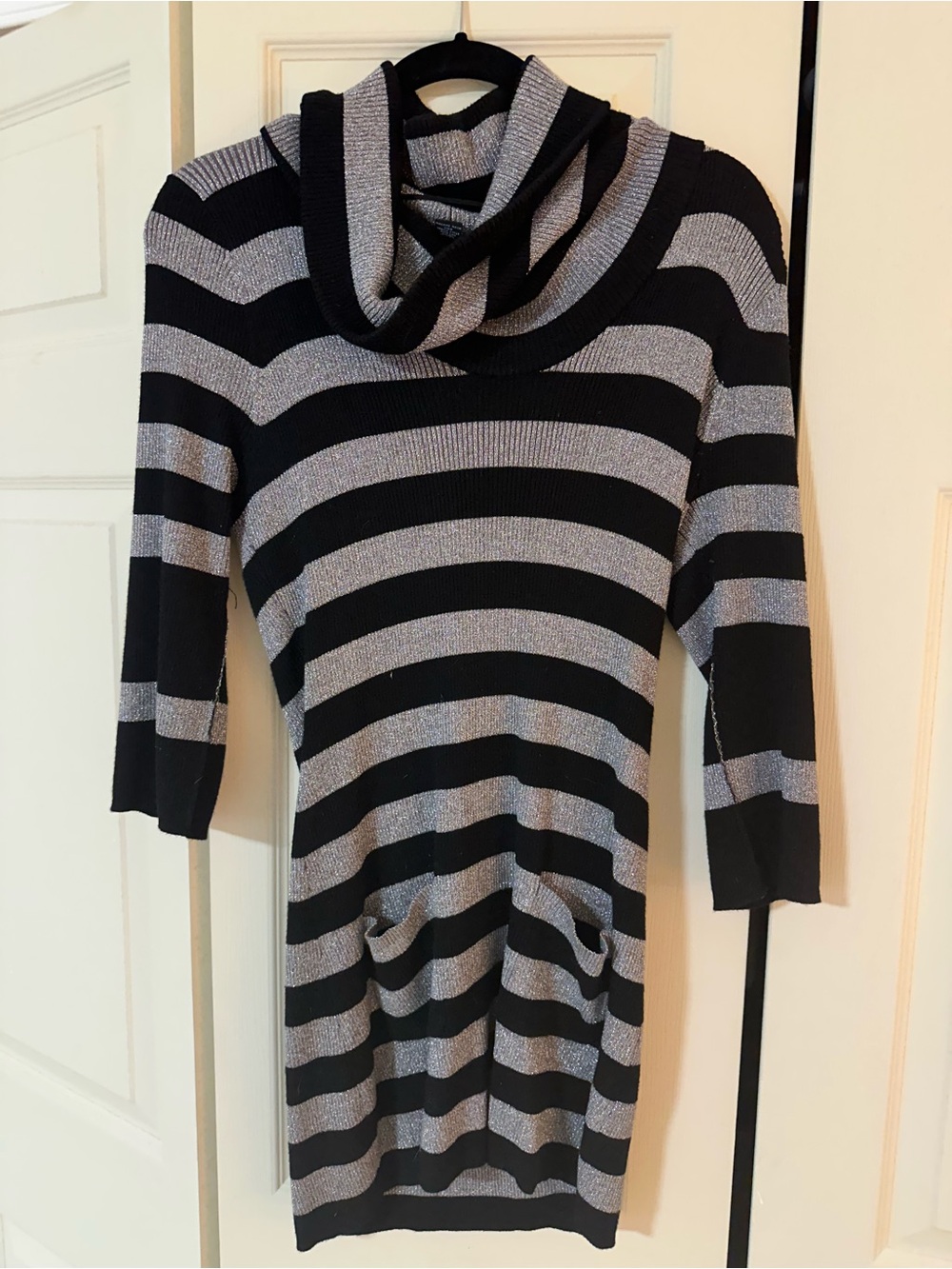 INC International Concepts Black and Silver Striped Cowl Neck Sweater Dress